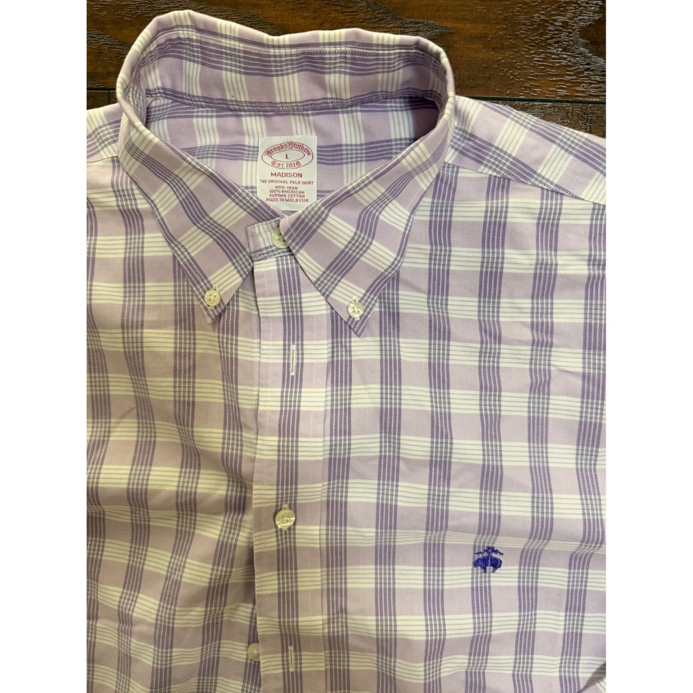 Brooks Brothers Madison Shirt Mens Large Purple White Plaid Supima Cotton - Picture 2 of 3